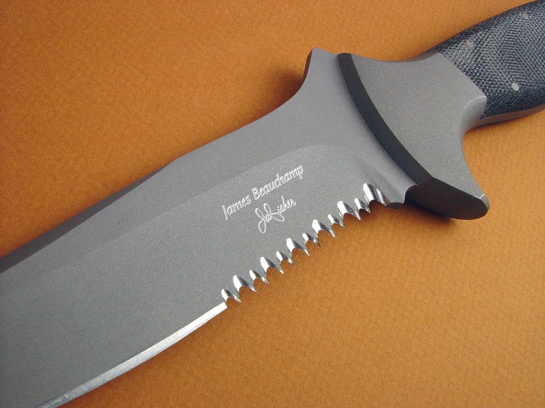 Collaborative work by James Beauchamp and Jay Fisher on combat tactical knife, maker's marks