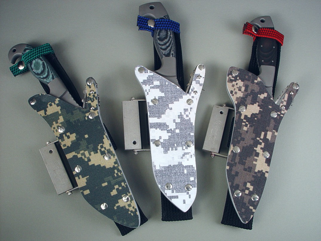 Digital camouflage locking knife sheaths with full accessories for combat, rescue, survival, and tactical use and carry