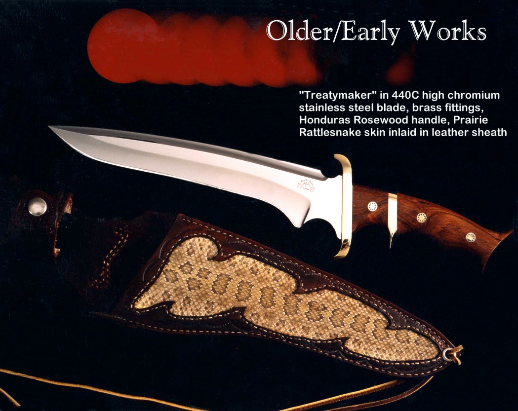 "Treatymaker" in 440C stainless steel blade, brass fittings, honduras rosewood handle, rattlesnake skin in leather sheath