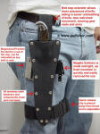 Wear position of long knife sheath with ultimate belt loop extender and thigh belt retention