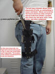 Photo illustration of position during unsheathing of knife with belt loop extension and thigh belt