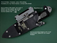 HULA Holder for tactical combat flashlight accessory mounted on locking combat knife sheath for US Navy Seal