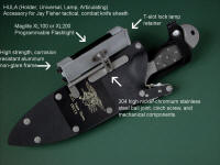 Tactical combat knife in locking waterproof knife sheath with adjustable flashlight accessory made of high strength materials