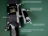 Details, operation, wear and use for tactical flashlight holder mounted on locking combat knife sheath