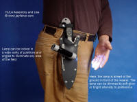 Illustration of aiming options for HULA tactical, rescue flashlight holder mounted on locking knife sheath