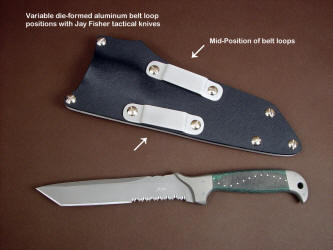 The middle positon of belt loop placment on tension fit kydex, aluminum, and nickel plated steel sheath. This allows a mid to high orientation on a typical belt line