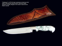 "Aldebaran" fine handmade knives: ATS-34 high molybenum stainless steel blade, 304 stainless steel bolsters, Dendritic Agate gemstone handle, Alligator skin inlaid in hand-carved leather sheath