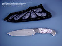 Fine investment grade and working knives: "Alegre" in 440C high chromium stainless steel blade, hand-engraved 304 stainless steel bolsters, orbicular amethyst gemstone handle, frog skin inlaid in hand-carved leather sheath