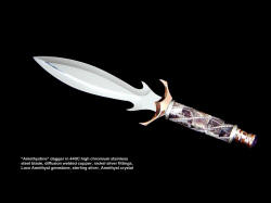 "Amethystine" dagger in 440C high chromium stainless steel blade, diffusion welded copper, nickel silver fittings, Lace Amethyst, sterling silver handle with Amethyst crystal, Ponderosa Pine burl and Red Oak stand