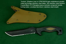 "Arctica" obverse side view in CPM154CM powder metal technology tool steel blade, 304 stainless steel bolsters, Coyote/Black G10 fiberglass/epoxy composite laminate handle, locking kydex, anodized aluminum, stainless steel sheath