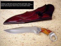 Fine investment grade tactical weapon, knives: "Argiope" in mirror finished stainless steel blade, hand-engraved stainless steel bolsters, fittings, Polvader Jasper gemstone handle, ostrich leg skin burgundy inlaid in hand-carved leather sheath