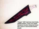 "Argyre" in sheath, hand-tooled leather inlaid with burgundy lizard skin
