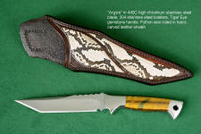 "Argyre" obverse side view in 440C high chromium stainless steel blade, 304 stainless steel bolsters, Tigereye quartz gemstone handle, python skin inlaid in hand-carved leather sheath