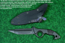 "Ari B'Lilah" counterterrorism, tactical, combat knife, obverse side view in T4 cryogenically treated 440C high chromium martensitic stainless steel blade, 304 stainless steel bolsters, red/black  G10 handle, hybrid tension tab locking sheath in kydex, anodized aluminum, anodized titanium, black oxide stainless steel