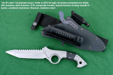 "Ari B' Lilah" Custom Counterterrorism Tactical Combat Knife, obverse side view in ATS-34 high molybdenum-chromium martensitic stainless steel blade, 304 stainless steel bolsters, black G10 composite handle, hybrid tension-locking sheath in kydex, anodized black aluminum alloy, titanium, blackened stainless steel fasteners, anodized hardware and mounts, HULA with MagTac flashlight, LIMA with Maglite LED Solitaire, Ultimate belt loop extender with diamond pad sharpener