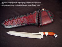 Fine investment grade knife: "Artemis" in CPM S30V high vanadium tool steel blade, 304 stainless steel bolsters, Indian Red River Jasper gemstone handle, ostrich leg skin inlaid in hand-tooled leather sheath