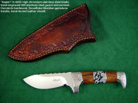 Collector's, hunting knife: "Aspen" in 440c stainless steel, hand-engraved 304 stainless steel guard and pommel, cocobolo hardwood, snowflake obsidian gemstone handle, hand-tooled leather sheath