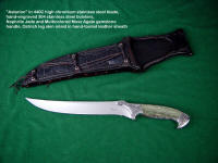 Fine art and investment grade knife: "Astarion" in 440C stainless steel blade, hand-engraved 304 stainless steel bolsters, Nephrite Jade and Moss Agate gemstone knife handle, ostrich skin inlaid in fine artistic sheath