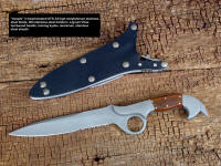 "Azophi" tactical combat knife, obverse side view in ATS-34 high molybdenum stainless steel blade, 304 stainless steel bolsters, Lignum Vitae hardwood handle, locking kydex, aluminum, stainless steel sheath