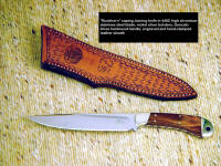 "Buckhorn" Caping, boning knife in 440C high chromium stainless steel blade, nickel silver bolsters, Goncalo Alves hardwood handle, engraved, hand-stamped leather sheath