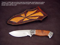 Collector's grade custom handmade knife: "Chama" in 440C stainless steel blade, hand-engraved carbon steel bolsters, copper ore gemstone handle, emu skin inlaid in leather sheath