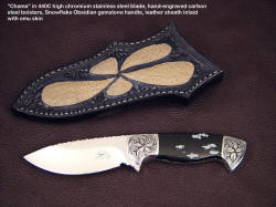 "Chama" in stainless blade, engraved bolsters, snowflake obsidian gemstone handle, exotic skin inlaid sheath