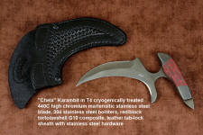 "Chela" karambit knife, obverse side view in T4 cryogenically treated 440C high chromium martensitic stainless steel blade, 304 stainless steel bolsters, red and black tortoiseshell G10 composite handle, leather sheath with stainless steel and nylon