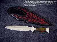 "Classic" Dagger in mirror finished 440C stainless steel blade, 304 stainless steel bolsters, blue-gold tigereye gemstone handle, red stingray skin inlaid in hand-carved leather sheath