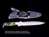 Etching in Special Forces "Treatymaker LT" knife blade, double edged requires tight etching design pattern