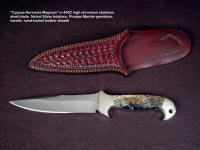 "Cygnus-Horrocks Magnum" custom knife, obverse side view in 440C high chromium stainless steel blade, nickel silver bolsters, Picasso Marble gemstone handle, hand-tooled and stamped leather sheath