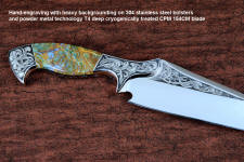 "Malaka" fine custom handmade knife in hand-engraved CPM 154CM powder metal technology stainless steel, T4 deep cryogenically treated, bolsters of hand-engraved 304 stainless steel, Plasma agate and Nephrite Jade gemstone handle, hand-carved leather crossdraw sheath with stainless steel hardware