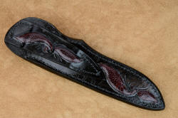 "Aldebaran" reverse side view of sheath. Sheath is fully carved and inlaid, even on reverse or back, and hand-stitched with polyester.