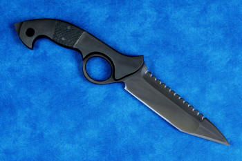 "Ari B'Lilah" counterterrorism, tactical, combat knife, reverse side view in T4 cryogenically treated 440C high chromium martensitic stainless steel blade, 304 stainless steel bolsters, carbon fiber handle
