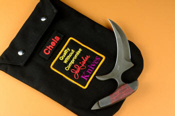 "Chela" karambit knife,  envelope bag in 1000 denier nylon Cordura, polyester felt lining, stainless steel snaps, embroidered with removable name patch