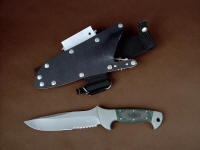 "Diegylis" obverse side view in 440C high chromium stainless steel blade, 304 stainless steel bolsters, green and black Micarta phenolic handle, locking kydex, aluminum, stainless steel sheath with ultimate belt loop extender with magnesium firesteel fire starter, Maglight Solitaire Flashlight, diamond pad sharpener