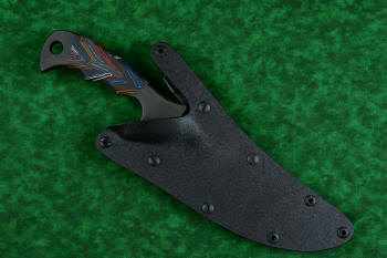 "Ghroth" tactical, counterterrorism, survival knife, sheathed view in T4 cryogenically treated CPM154 CM powder metal technology high molybdenum stainless steel blade, 304 stainless steel bolsters, multicolored G10 fiberglass/epoxy composite laminate handle, positively locking sheath in kydex, anodized aluminum, anodized titanium, black oxide stainless steel