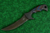 "Ghroth" tactical, counterterrorism, survival knife, obverse side view in T4 cryogenically treated CPM154 CM powder metal technology high molybdenum stainless steel blade, 304 stainless steel bolsters, multicolored G10 fiberglass/epoxy composite laminate handle, positively locking sheath in kydex, anodized aluminum, anodized titanium, black oxide stainless steel