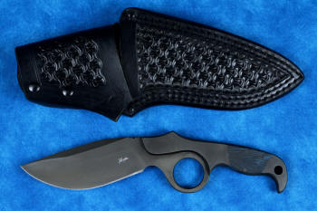 "Kairos" Tactical, Counterterrorism Knife, obverse side, leather sheath view in T3 cryogenically treated 440C high chromium martensitic stainless steel blade, 304 stainless steel bolsters, blue and black G10 fiberglass epoxy composite handle, hybrid tension-locking tab-lock sheath in kydex, anodized aluminium, stainless steel and titanium