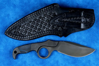 "Kairos" Tactical, Counterterrorism Knife, reverse side, leather sheath view in T3 cryogenically treated 440C high chromium martensitic stainless steel blade, 304 stainless steel bolsters, blue and black G10 fiberglass epoxy composite handle, hybrid tension-locking tab-lock sheath in kydex, anodized aluminium, stainless steel and titanium