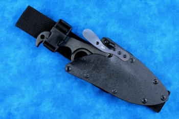 "Kairos" Tactical, Counterterrorism Knife, UBLX mounted hybrid tension tab lock sheath view in T3 cryogenically treated 440C high chromium martensitic stainless steel blade, 304 stainless steel bolsters, blue and black G10 fiberglass epoxy composite handle, hybrid tension-locking tab-lock sheath in kydex, anodized aluminium, stainless steel and titanium