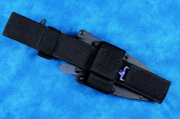 "Kairos" Tactical, Counterterrorism Knife, rear of UBLX mounted hybrid tension tab lock sheath view in T3 cryogenically treated 440C high chromium martensitic stainless steel blade, 304 stainless steel bolsters, blue and black G10 fiberglass epoxy composite handle, hybrid tension-locking tab-lock sheath in kydex, anodized aluminium, stainless steel and titanium