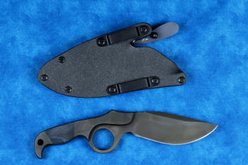 "Kairos" Tactical, Counterterrorism Knife, reverse side view in T3 cryogenically treated 440C high chromium martensitic stainless steel blade, 304 stainless steel bolsters, blue and black G10 fiberglass epoxy composite handle, hybrid tension-locking tab-lock sheath in kydex, anodized aluminium, stainless steel and titanium