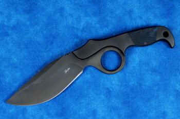 "Kairos" Tactical, Counterterrorism Knife, obverse side view in T3 cryogenically treated 440C high chromium martensitic stainless steel blade, 304 stainless steel bolsters, blue and black G10 fiberglass epoxy composite handle