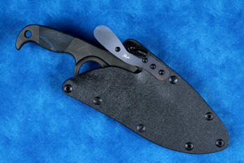 "Kairos" Tactical, Counterterrorism Knife, obverse side sheathed view,  hybrid tension tab lock sheath view in T3 cryogenically treated 440C high chromium martensitic stainless steel blade, 304 stainless steel bolsters, blue and black G10 fiberglass epoxy composite handle, hybrid tension-locking tab-lock sheath in kydex, anodized aluminium, stainless steel and titanium