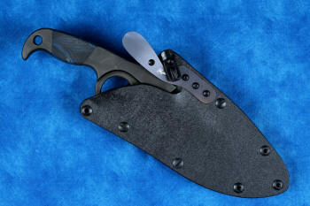 "Kairos" Tactical, Counterterrorism Knife, obverse side sheathed view, tab locked, hybrid tension tab lock sheath view in T3 cryogenically treated 440C high chromium martensitic stainless steel blade, 304 stainless steel bolsters, blue and black G10 fiberglass epoxy composite handle, hybrid tension-locking tab-lock sheath in kydex, anodized aluminium, stainless steel and titanium