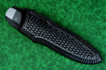 "Lynx" Custom tactical knife, deep sheathed view in T3 cryogenically treated ATS-34 high molybdenum martensitic stainless steel blade, 304 stainless steel bolsters, carbon fiber handle, with black basketweave leather sheath