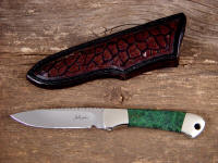 "Mirach" ATS-34 high molybdenum stainless steel blade, nickel silver bolsters, Green Migmatite Granite gemstone handle, cow stomach inlaid in hand-carved leather sheath