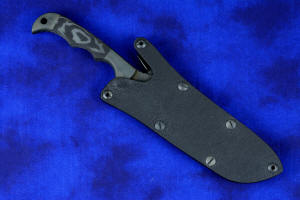 "PJLT" (Pararescue LighT) CSAR, Tactical knife, sheathed view in ATS-34 high molybdenum stainless steel blade, 304 stainless steel bolsters, gray/black micarta phenolic handle, locking sheath in kydex, anodized aluminum, stainless steel, titanium