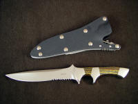 "Patriot" Tactical knife, obverse side view: ATS-34 high molybdenum stainless steel blade, 304 stainless steel bolsters, Australian Tiger Iron gemstone handle, locking kydex, aluminum, stainless steel sheath