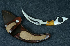 "Raptor" fine handmade custom karambit knife, obverse side view in T3 deep cryogenically treated ATS-34 high molybdenum martensitic stainless steel blade, 304 stainless steel bolsters, Polvadera Agate-Jasper gemstone  handle, leather sheath inlaid with tan rayskin